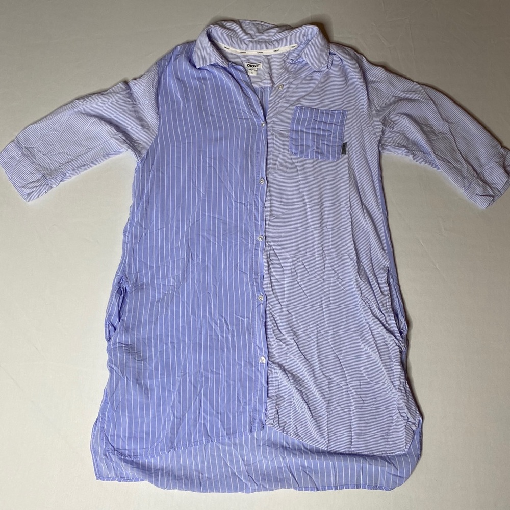 DKNY Striped Button Up Dress 3/4 Sleeve Pockets